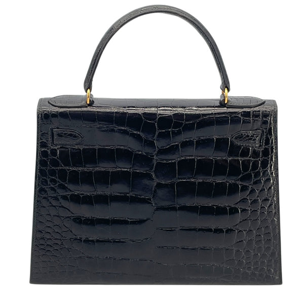 エルメス HERMES ケリー28 外縫い 〇K刻 ブラック GD金具 カイマンクロコ レディース ショルダーバッグ