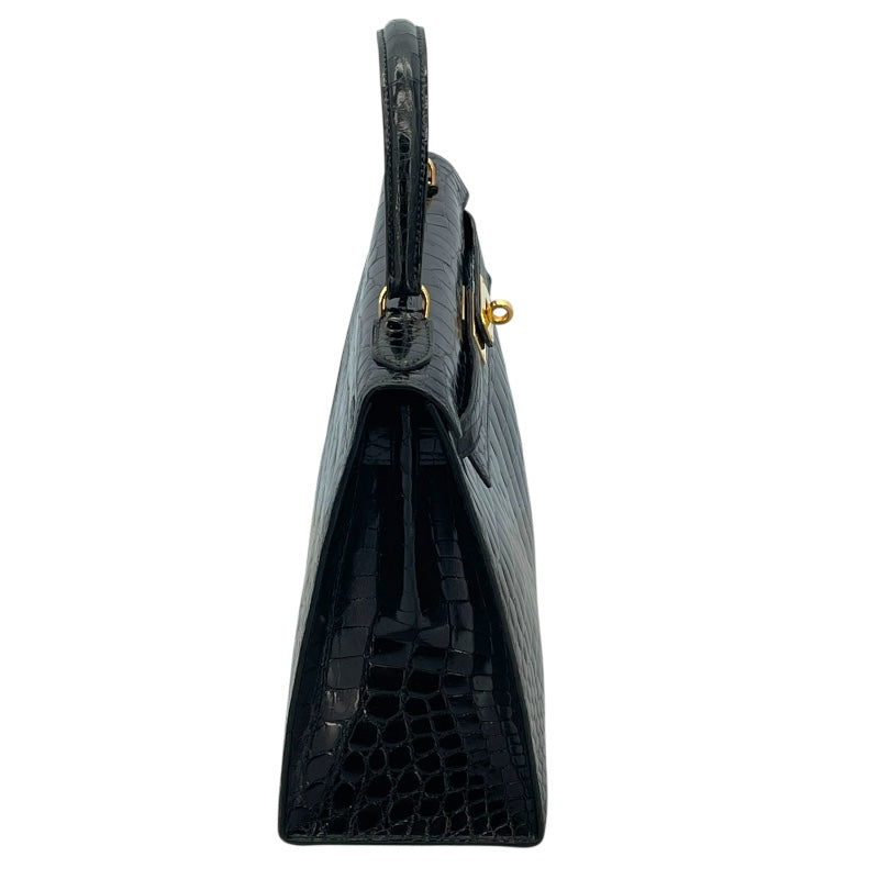 エルメス HERMES ケリー28 外縫い 〇K刻 ブラック GD金具 カイマンクロコ レディース ショルダーバッグ