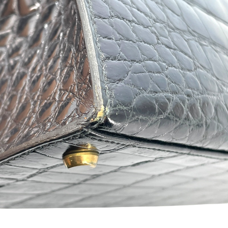 エルメス HERMES ケリー28 外縫い 〇K刻 ブラック GD金具 カイマンクロコ レディース ショルダーバッグ