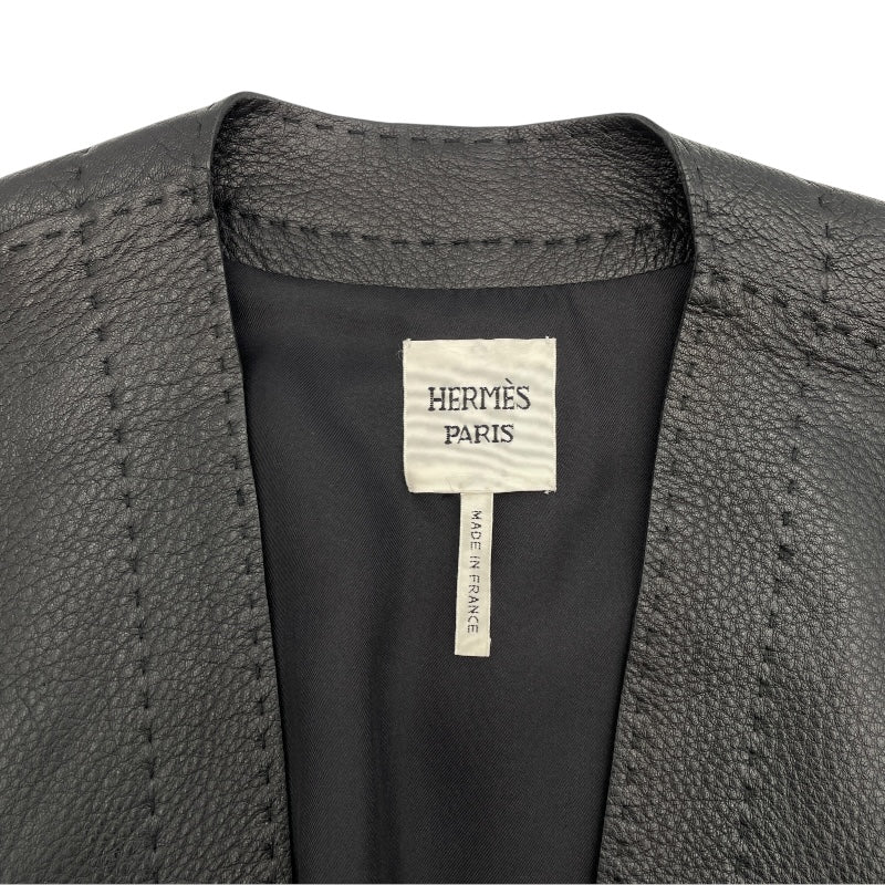 エルメス HERMES ディアスキンレザーノーカラーコート ブラック レザー レディース トレンチコート
