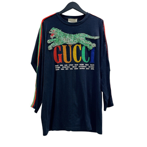 グッチ GUCCI スパンコール装飾ロゴプリント長袖Ｔシャツ 479477 ブラック コットン メンズ 長袖Ｔシャツ