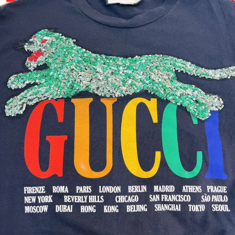 グッチ GUCCI スパンコール装飾ロゴプリント長袖Ｔシャツ 479477 ブラック コットン メンズ 長袖Ｔシャツ