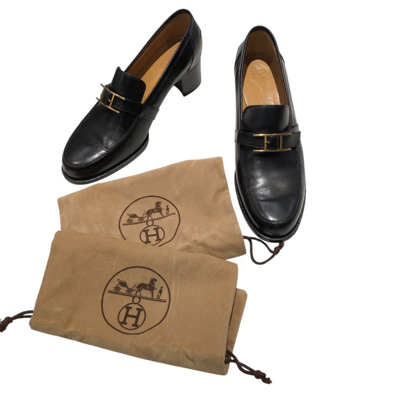 エルメス HERMES アピH金具ローファー ブラック/ゴールド金具 レザー レザー レディース ローファー