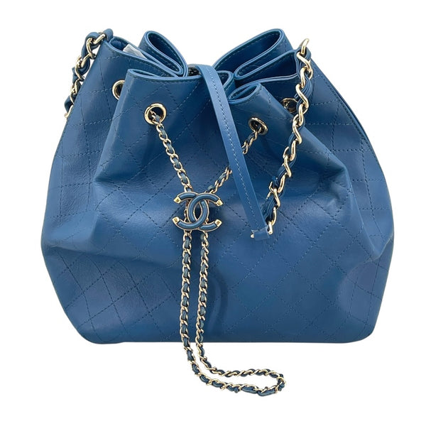シャネル CHANEL 巾着バッグ ブルー GD金具 カーフ レディース ショルダーバッグ