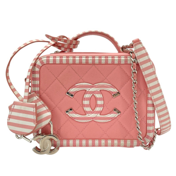 シャネル CHANEL CCフィグリースモールヴァニティバッグ A93342 27番台 ピンクｘホワイト SV金具 キャビアスキン レディース ショルダーバッグ