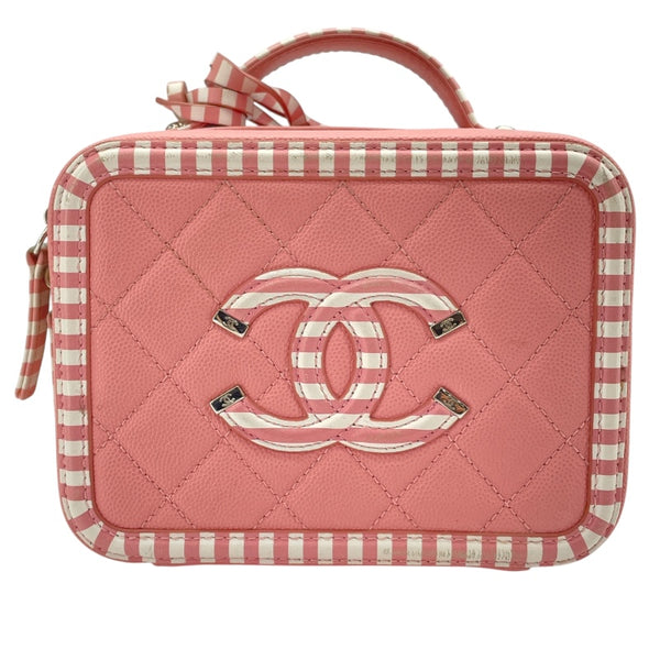 シャネル CHANEL CCフィグリースモールヴァニティバッグ A93342 27番台 ピンクｘホワイト SV金具 キャビアスキン レディース ショルダーバッグ