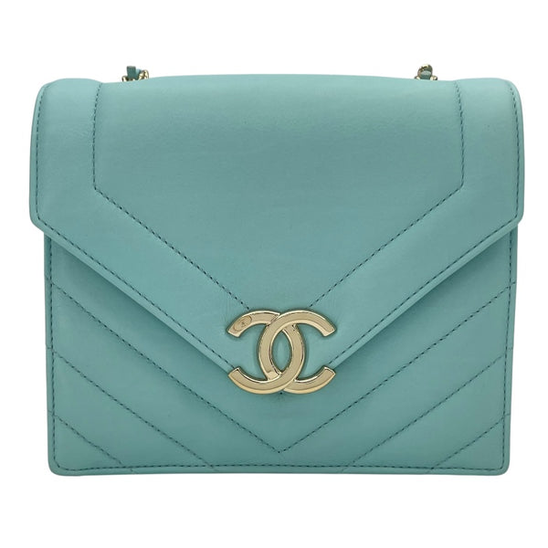 シャネル CHANEL Vステッチスモールフラップバッグ 27番台 ライトブルー GD金具 ラム レディース ショルダーバッグ
