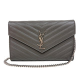 サンローラン SAINT LAURENT カサンドラエンベロープチェーンウォレット 377828 グレー/シルバー金具 カーフ レディース ショルダーバッグ