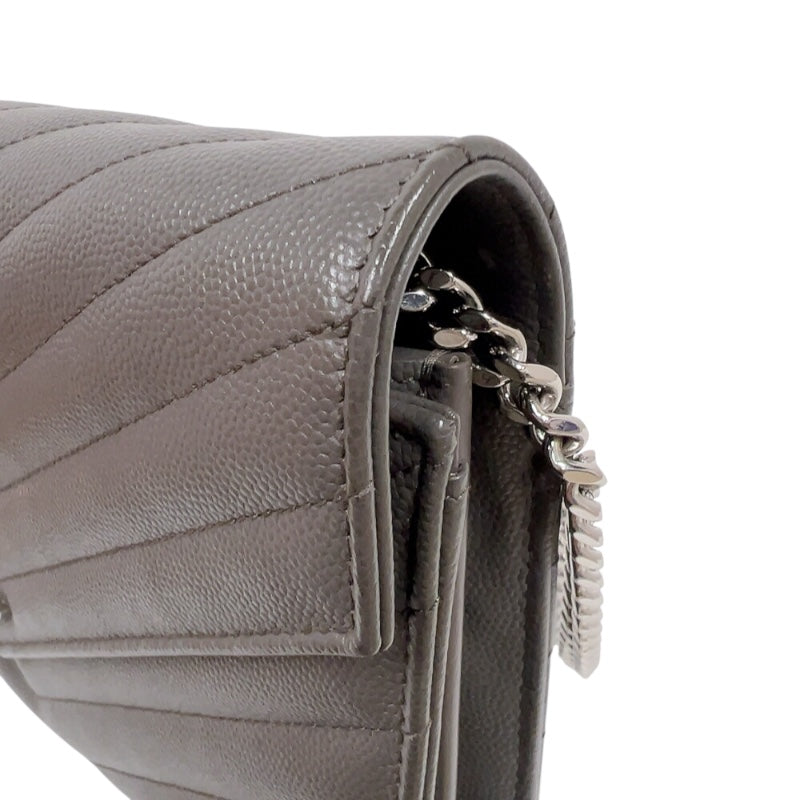 サンローラン SAINT LAURENT カサンドラエンベロープチェーンウォレット 377828 グレー/シルバー金具 カーフ レディース ショルダーバッグ