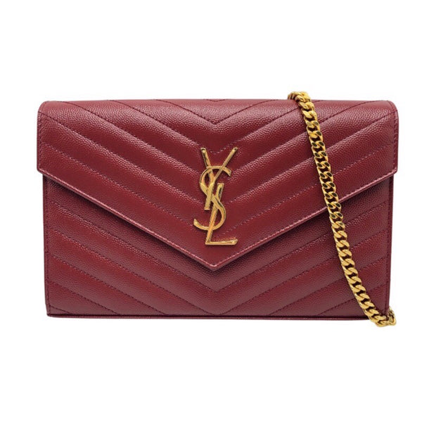 サンローラン SAINT LAURENT カサンドラ チェーンウォレット 377828 レッド×GD金具 グレインレザー レディース ウォレットチェーン