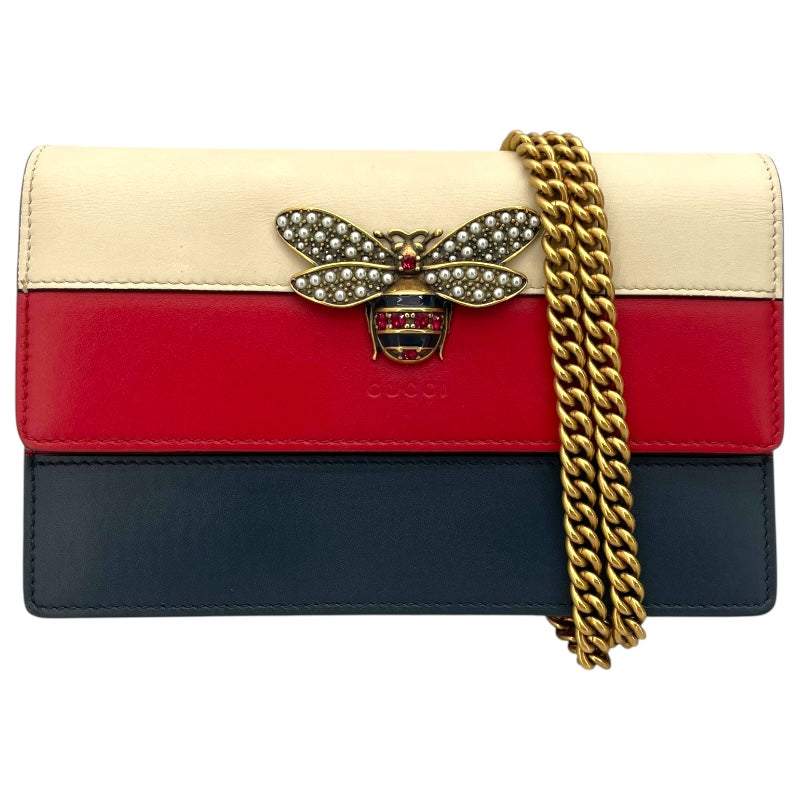 グッチ GUCCI クイーンマーガレット チェーンウォレット 476079 レッド ネイビー ホワイト GD金具 レザー レディース ショルダーバッグ