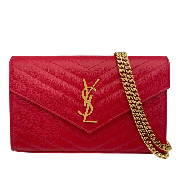 サンローラン SAINT LAURENT カサンドラチェーンウォレット 377828 レッド GD金具 グレインレザー レディース ウォレットチェーン