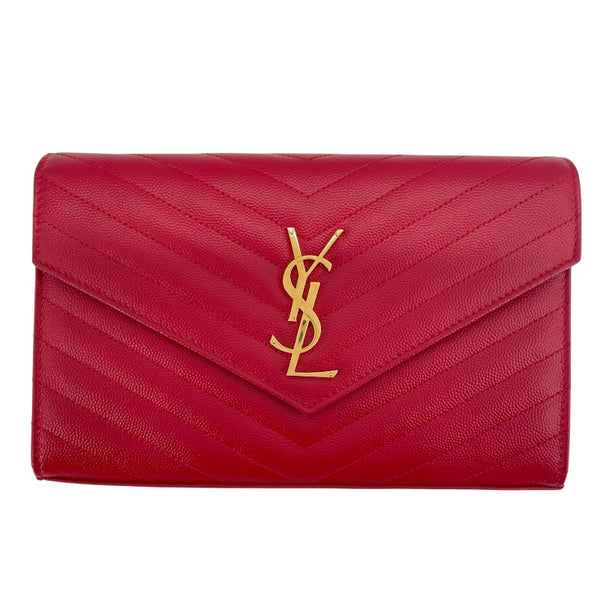 サンローラン SAINT LAURENT カサンドラチェーンウォレット 377828 レッド GD金具 グレインレザー レディース ウォレットチェーン