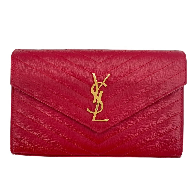 サンローラン SAINT LAURENT カサンドラチェーンウォレット 377828 レッド GD金具 グレインレザー レディース ウォレットチェーン