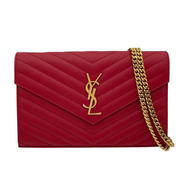 サンローラン SAINT LAURENT エンベローブ チェーンウォレット 377828 レッド グレインレザー レディース ウォレットチェーン