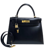 エルメス HERMES ケリー28 外縫い □G刻 ブラック ゴールド金具 ボックスカーフ レディース ハンドバッグ ショルダーバッグ