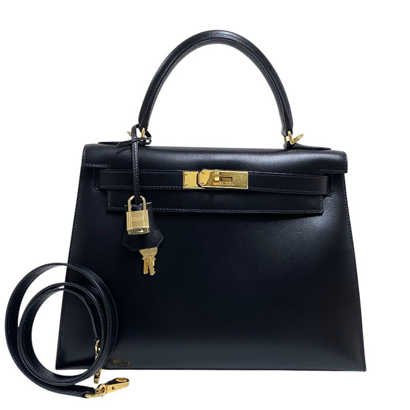 エルメス HERMES ケリー28 外縫い □G刻 ブラック ゴールド金具 ボックスカーフ レディース ハンドバッグ ショルダーバッグ