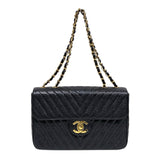 シャネル CHANEL Vステッチ ラージ フラップバッグ ブラック ゴールド金具 キャビアスキン レディース ショルダーバッグ