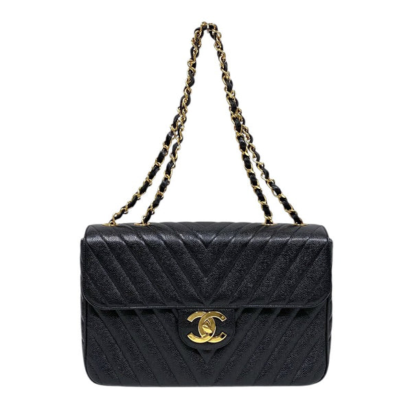 シャネル CHANEL Vステッチ ラージ フラップバッグ ブラック ゴールド金具 キャビアスキン レディース ショルダーバッグ