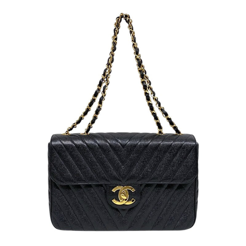 シャネル CHANEL Vステッチ ラージ フラップバッグ ブラック ゴールド金具 キャビアスキン レディース ショルダーバッグ