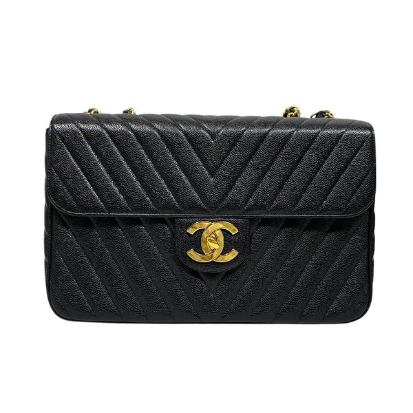 シャネル CHANEL Vステッチ ラージ フラップバッグ ブラック ゴールド金具 キャビアスキン レディース ショルダーバッグ