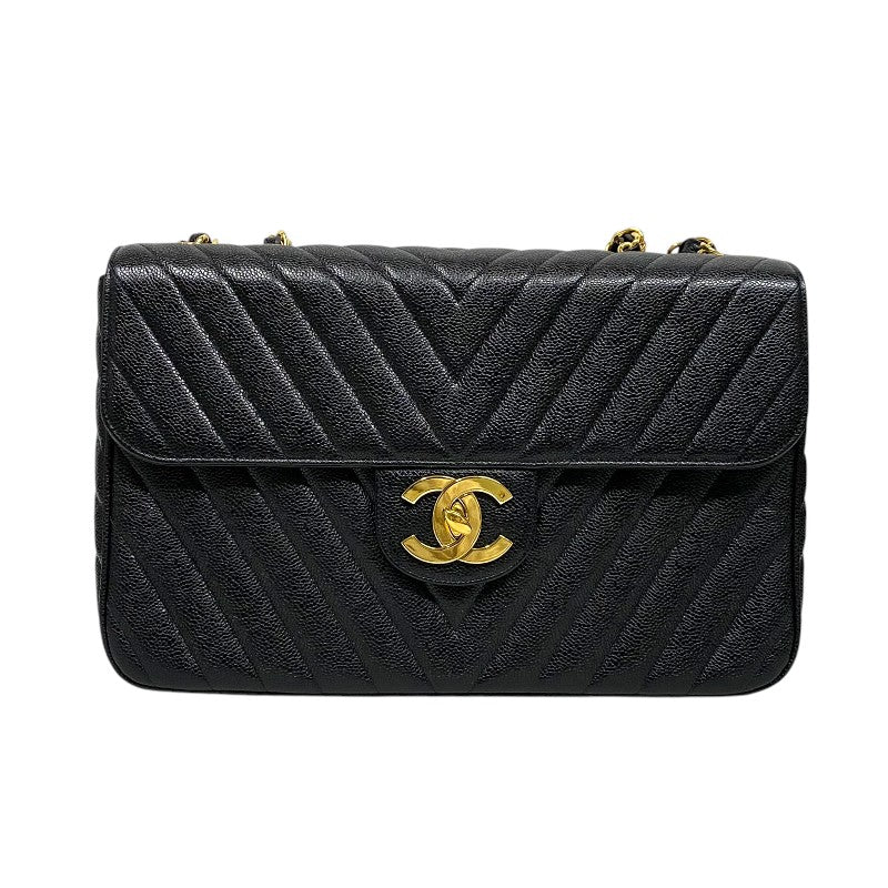 シャネル CHANEL Vステッチ ラージ フラップバッグ ブラック ゴールド金具 キャビアスキン レディース ショルダーバッグ