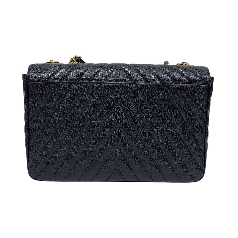 シャネル CHANEL Vステッチ ラージ フラップバッグ ブラック ゴールド金具 キャビアスキン レディース ショルダーバッグ