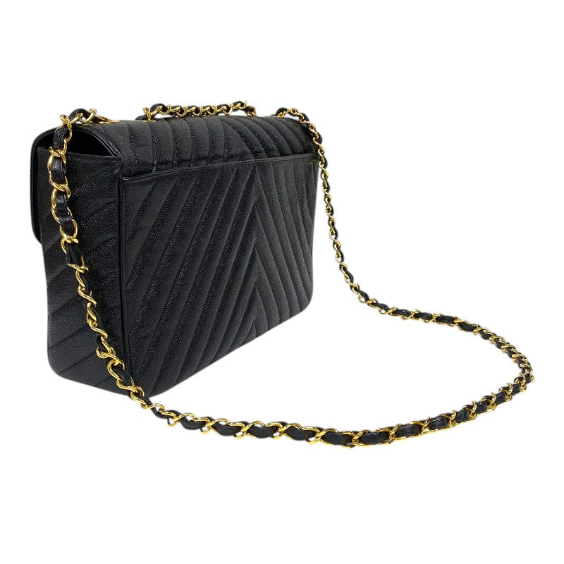 シャネル CHANEL Vステッチ ラージ フラップバッグ ブラック ゴールド金具 キャビアスキン レディース ショルダーバッグ