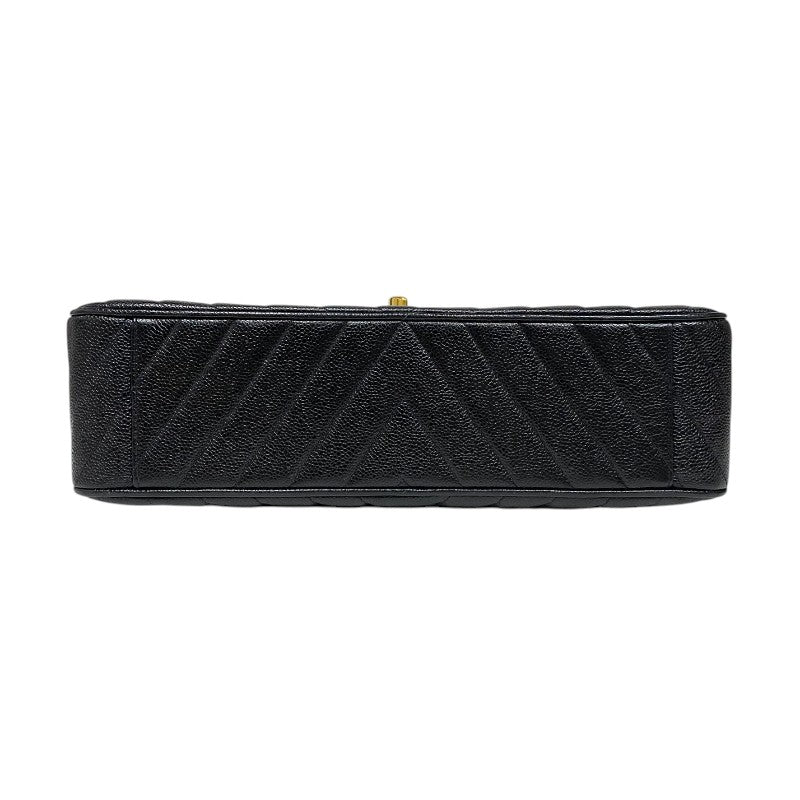 シャネル CHANEL Vステッチ ラージ フラップバッグ ブラック ゴールド金具 キャビアスキン レディース ショルダーバッグ