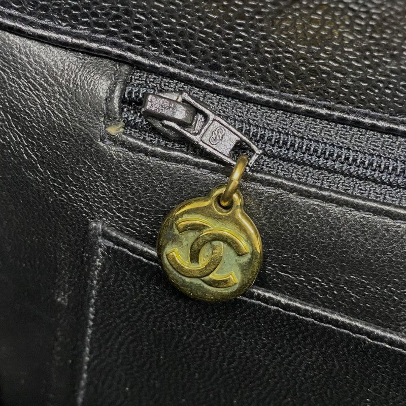 シャネル CHANEL Vステッチ ラージ フラップバッグ ブラック ゴールド金具 キャビアスキン レディース ショルダーバッグ
