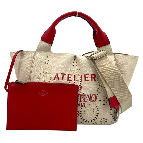 ヴァレンティノ VALENTINO アトリエ 2WAY バッグ ナチュラル/レッド キャンバス レディース ショルダーバッグ