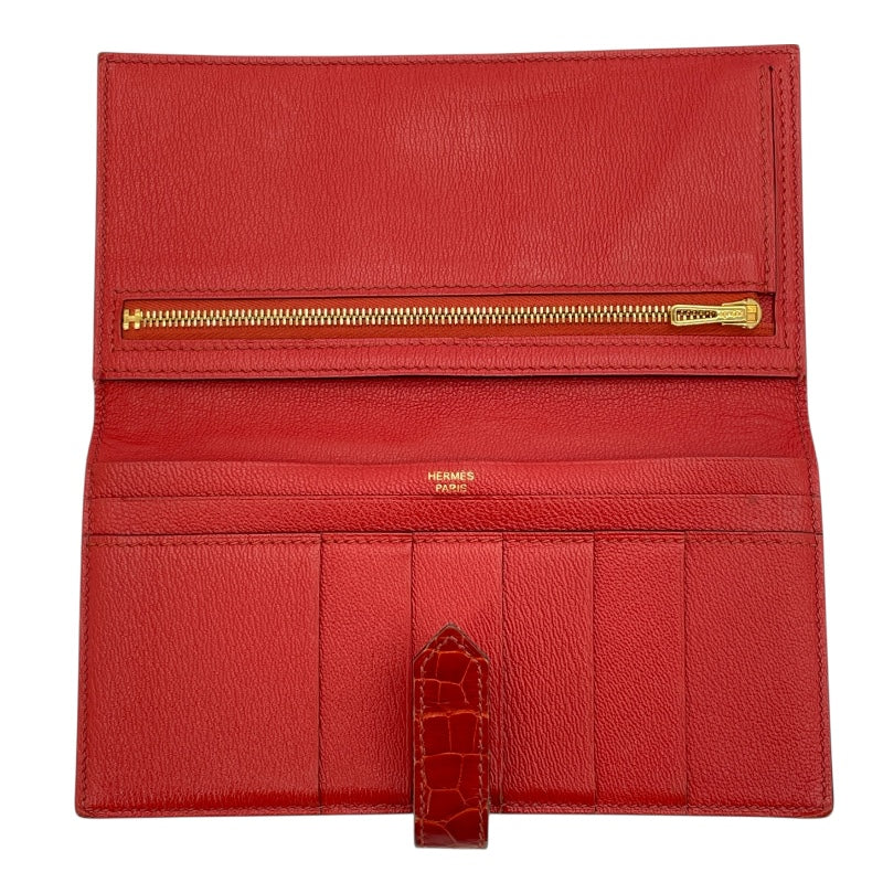 エルメス HERMES べアン T刻 ゼラニウム GD金具 アリゲーター レディース 長財布