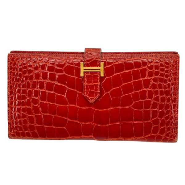 エルメス HERMES べアン T刻 ゼラニウム GD金具 アリゲーター レディース 長財布