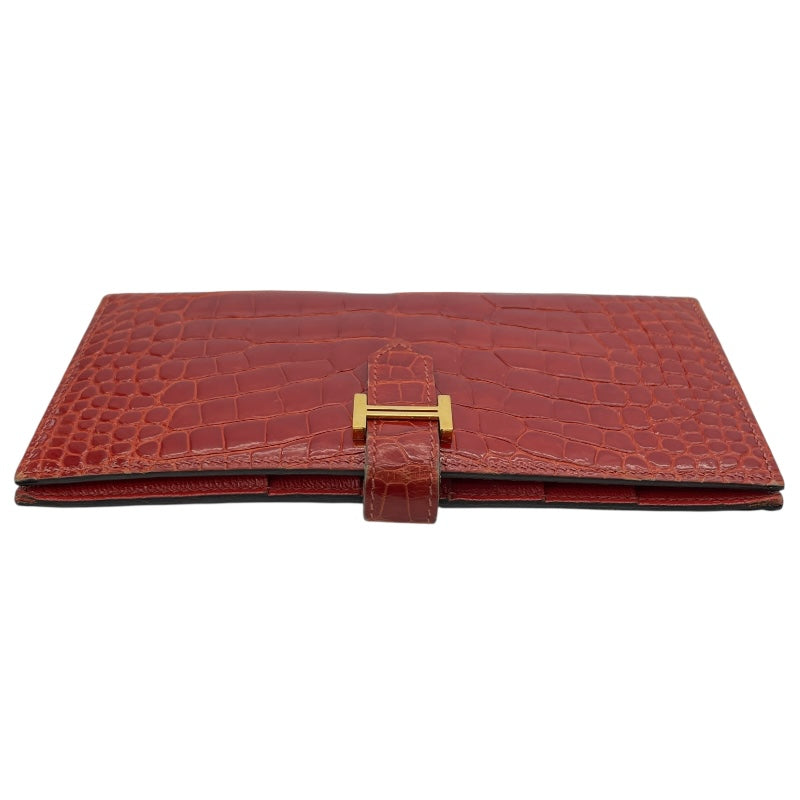 エルメス HERMES べアン T刻 ゼラニウム GD金具 アリゲーター レディース 長財布