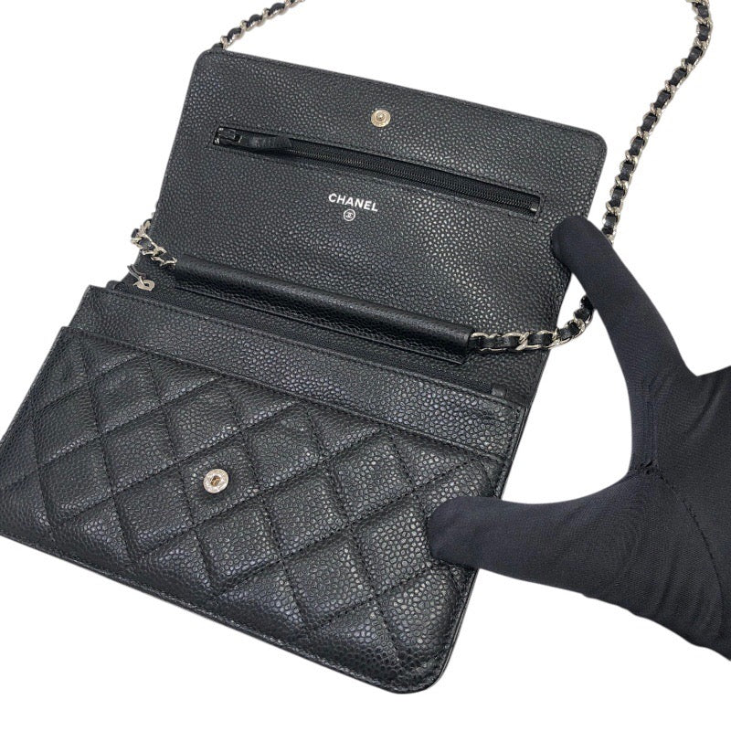 シャネル CHANEL マトラッセ チェーンウォレット A33814 ブラック×SV金具 キャビアスキン レディース ウォレットチェーン