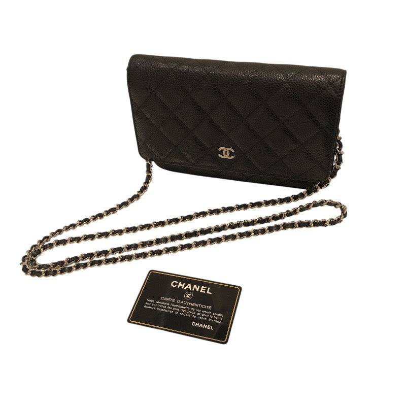 シャネル CHANEL マトラッセ チェーンウォレット A33814 ブラック×SV金具 キャビアスキン レディース ウォレットチェーン