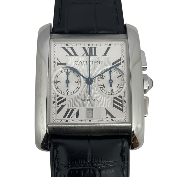 カルティエ Cartier タンクMC クロノグラフ W5330007 ホワイト SS/革ベルト（社外品） 自動巻き メンズ 腕時計