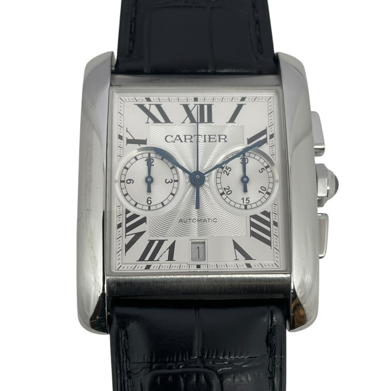 カルティエ Cartier タンクMC クロノグラフ W5330007 ホワイト SS/革ベルト（社外品） 自動巻き メンズ 腕時計