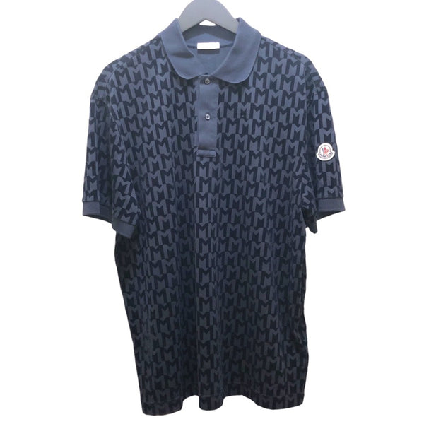 モンクレール MONCLER ロゴワッペン総柄半袖ポロシャツ ネイビー コットン メンズ ポロシャツ