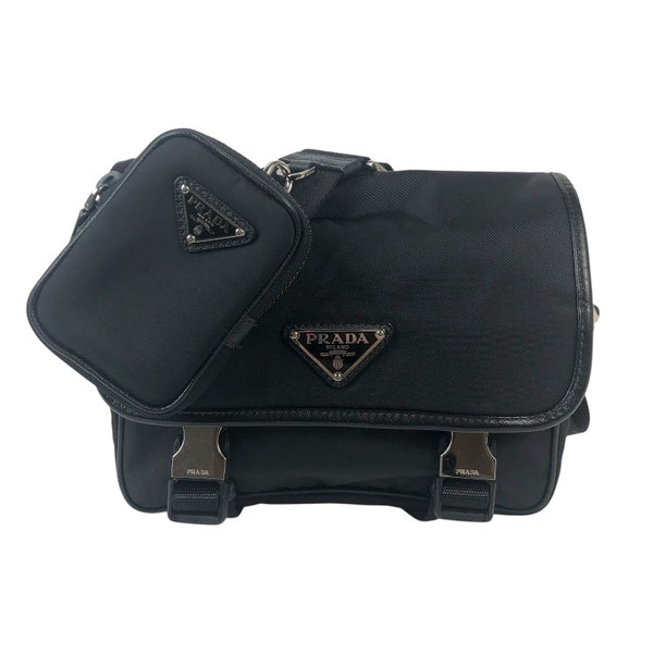 プラダ PRADA Re-Nylon xサフィアーノレザー ショルダーバッグ 2VD034 ブラック シルバー金具 ナイロン ナイロン メンズ ショルダーバッグ