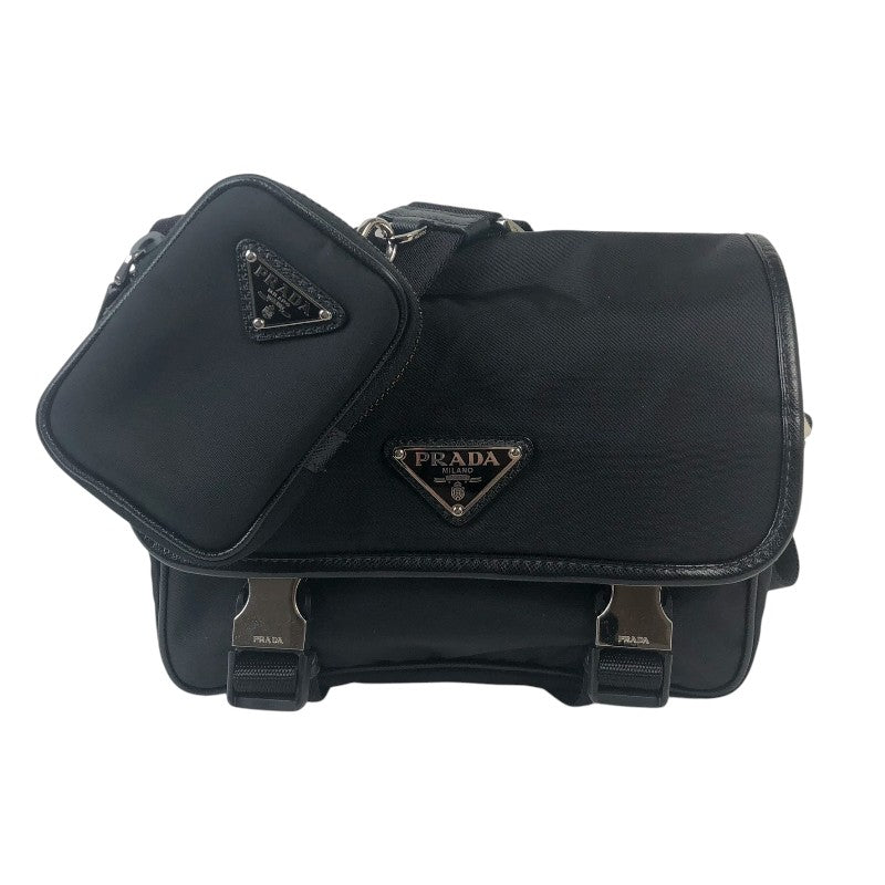 プラダ PRADA Re-Nylon xサフィアーノレザー ショルダーバッグ 2VD034 ブラック シルバー金具 ナイロン ナイロン メンズ ショルダーバッグ