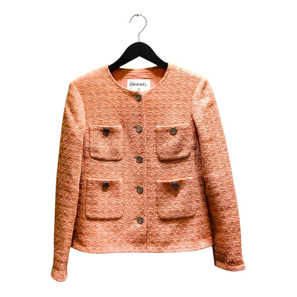 シャネル CHANEL ココマークボタンツイードジャケット P71171 サーモンピンク 毛 レディース ノーカラージャケット