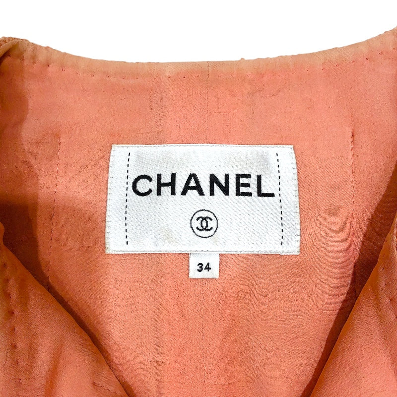 シャネル CHANEL ココマークボタンツイードジャケット P71171 サーモンピンク 毛 レディース ノーカラージャケット