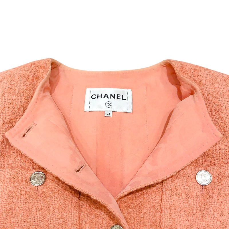 シャネル CHANEL ココマークボタンツイードジャケット P71171 サーモンピンク 毛 レディース ノーカラージャケット