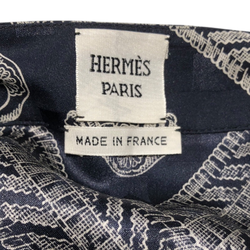 エルメス HERMES 総柄プリーツスカート ネイビー シルク レディース スカート