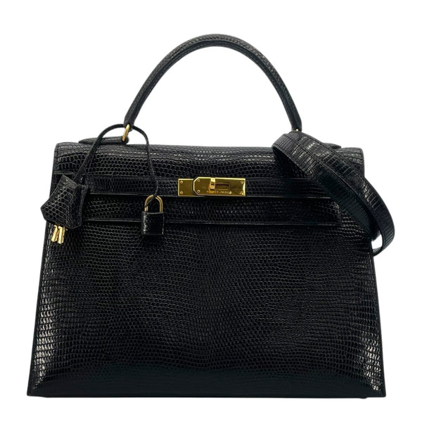 エルメス HERMES ケリー32 外縫い 〇Y刻 ブラック GD金具 リザード レディース ハンドバッグ