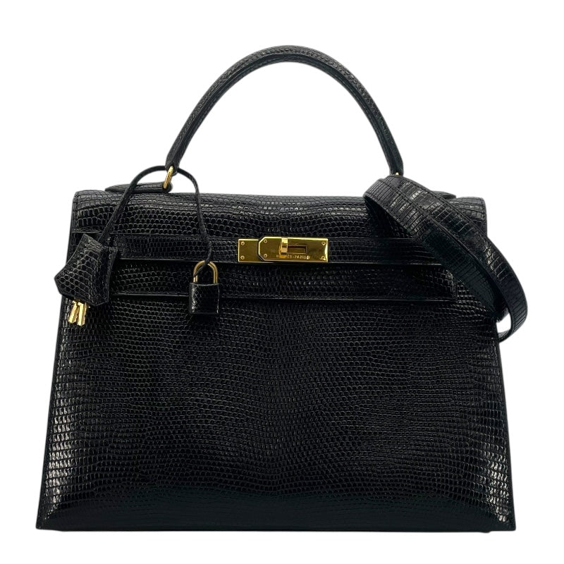 エルメス HERMES ケリー32 外縫い 〇Y刻 ブラック GD金具 リザード レディース ハンドバッグ