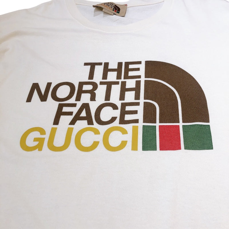 グッチ GUCCI ×THE NORTH FACEロゴ半袖Tシャツ 616036 ホワイト　ブラウン　マルチ コットン メンズ 半袖Ｔシャツ