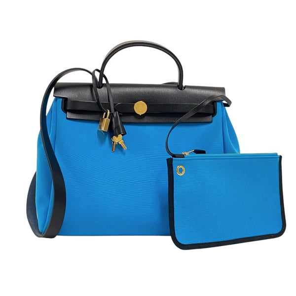 エルメス HERMES エールバッグジップPM W刻印　(2024年製) ブルーザンジバル×ブラック ゴールド金具 トワル/レザー レディース ハンドバッグ
