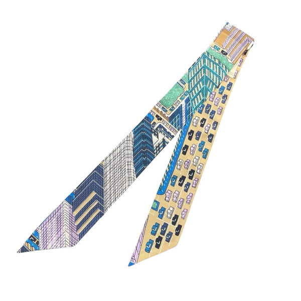 エルメス HERMES ツイリーPANTIN CITY ブルー・総柄 シルク100％ レディース スカーフ